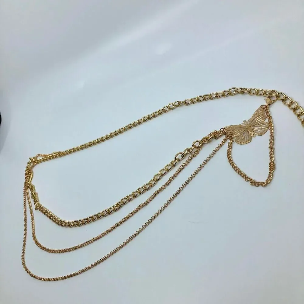 Women's Gold Butterfly Layered Chain Belt, 37 Inches, X7G9A1047